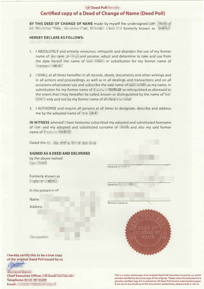 Certified copy of an Unenrolled Deed Poll document for changing name in the UK, issued with official stamp and witness signature