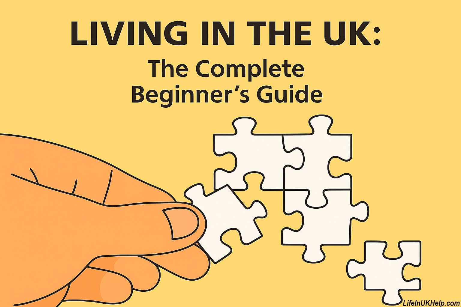 Illustration showing a hand holding a puzzle piece, with the title text "LIVING IN THE UK: The Complete Beginner’s Guide" above it.(living in the UK for beginners)