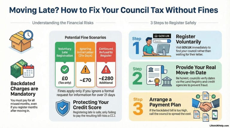 Infographic showing the late council tax registration penalty UK scenarios, comparing voluntary registration vs ignoring letters with fines up to £280.