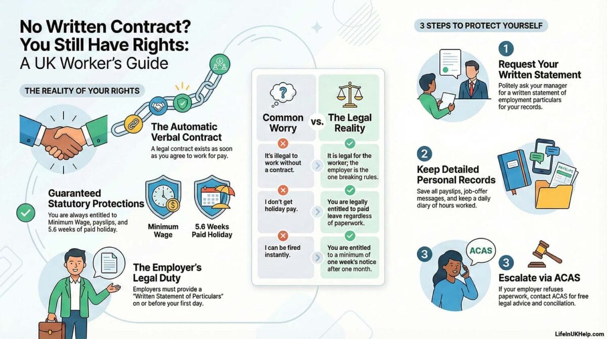 Detailed infographic guide titled 'No Written Contract? You Still Have Rights'. It explains guaranteed statutory protections (minimum wage, holiday), debunks common worries vs legal reality, and lists 3 steps to protect yourself (request statement, keep records, contact ACAS).