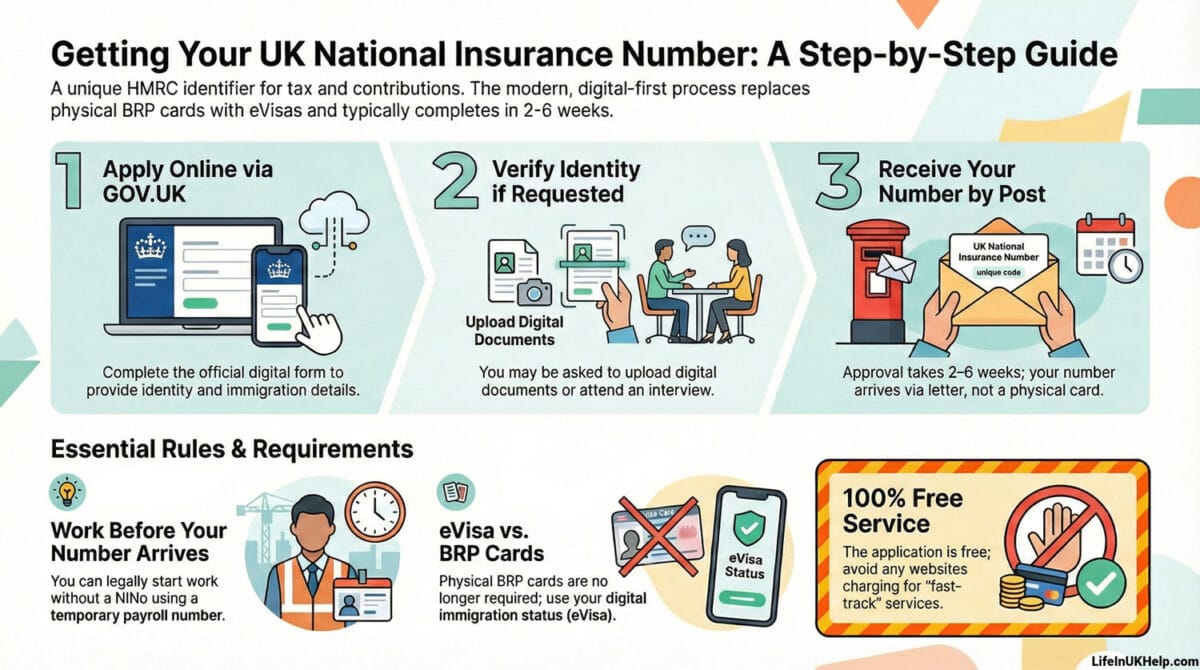 Infographic showing how to get a National Insurance number in the UK step-by-step, including online application and identity verification.