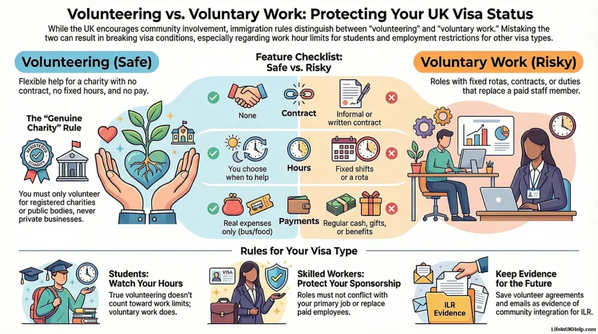 An infographic explaining can volunteering break my UK visa, showing the difference between volunteering and work, and how to keep ILR evidence.
