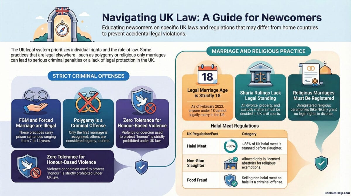 An infographic titled Navigating UK Law: A Guide for Newcomers, covering UK laws newcomers don't know about, including marriage age of 18, polygamy laws, and halal meat regulations.