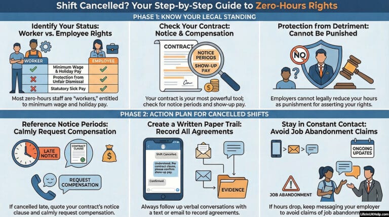 Infographic showing legal rights for cancelled shifts on UK zero-hours contracts.
