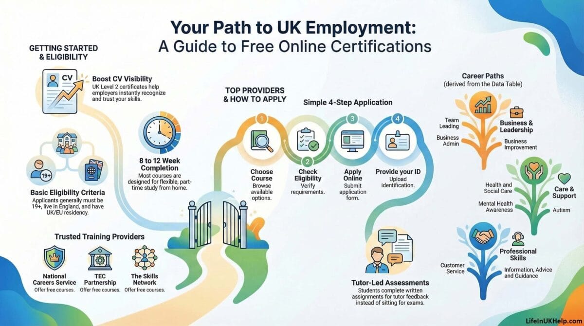 Infographic preview of 3 free websites to get UK certificates online. Shows basic eligibility (19+, residency), application steps, and career paths like Team Leading and Health & Social Care. LifeInUKHelp.com.