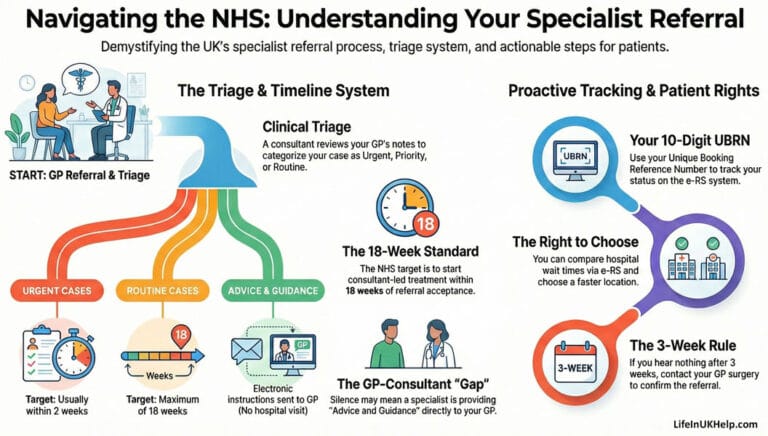 Infographic explaining how NHS referrals and waiting lists work in the UK: GP referral triage, 18-week RTT target, UBRN tracking, patient choice, and 3-week follow-up rule