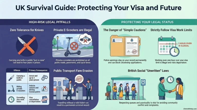 Infographic showing UK laws newcomers should know to avoid legal trouble, covering knife laws, e-scooter rules, visa work limits, and British social etiquette.