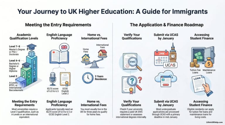 An infographic roadmap for immigrants on how to study at university in the UK.