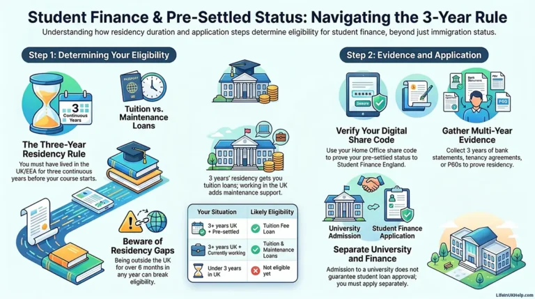 Infographic explaining student finance eligibility with pre-settled status in the UK, showing the three-year residency rule, evidence requirements, and how to apply to Student Finance England
